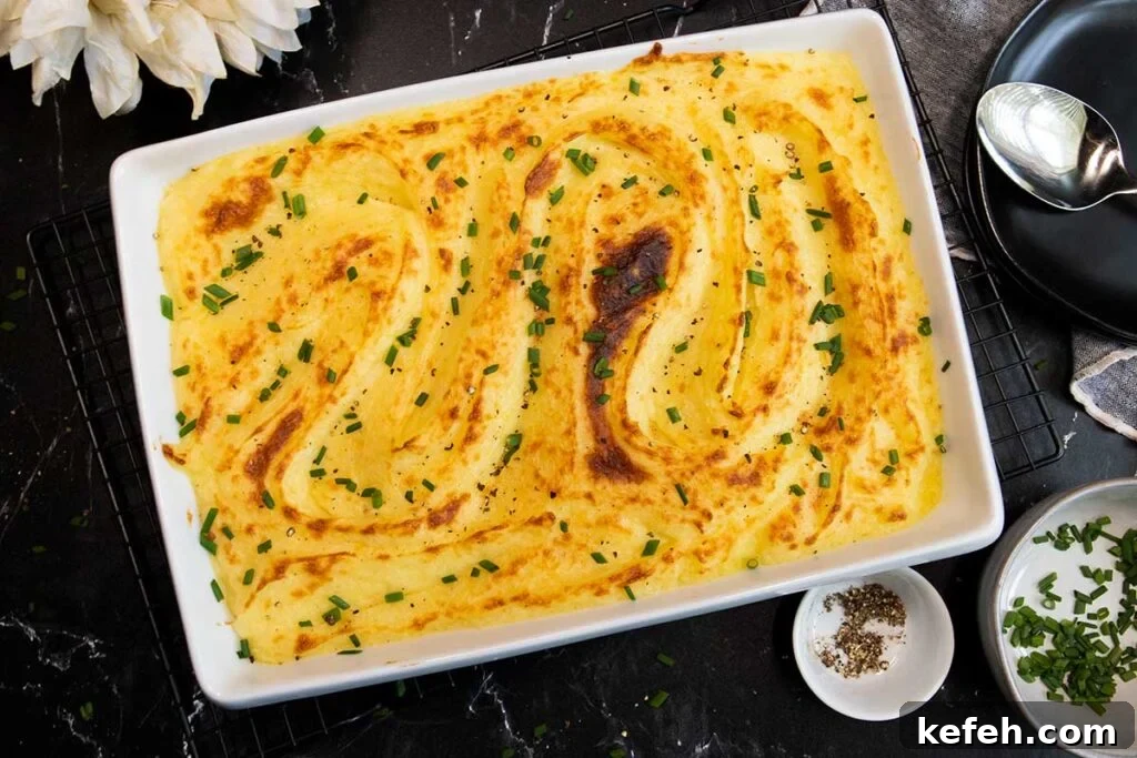 Whipped potatoes in a casserole dish.