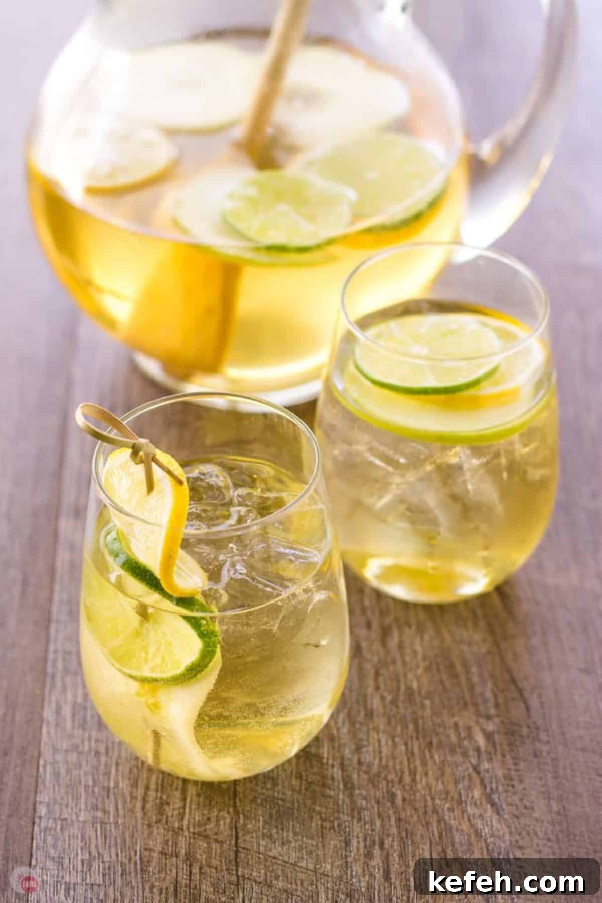 Refreshing Summer Sangria Recipe with Fresh Fruit 3 Side view of Sangria in 2 glasses and the glass pitcher on a wood surface