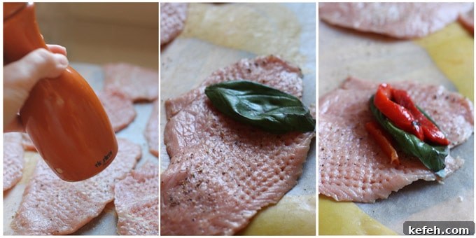 Veal Rollatini with Peppers, Cheese & Basil in Tomato-Olive Sauce 6 Veal rollatini steps