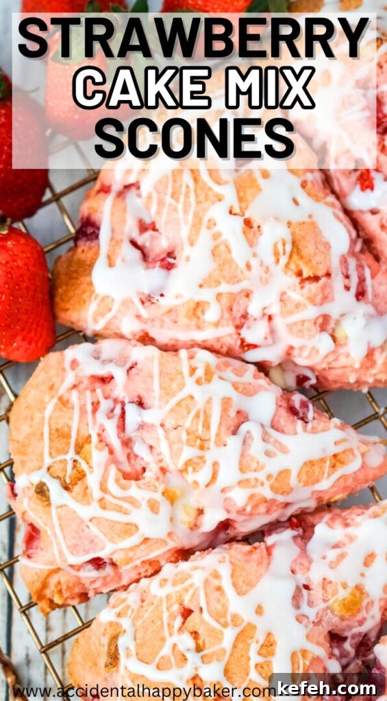These pretty pink strawberry cake mix scones are bursting with strawberry flavor with bits of strawberries and white chocolate chips inside and a creamy vanilla glaze drizzled on top.