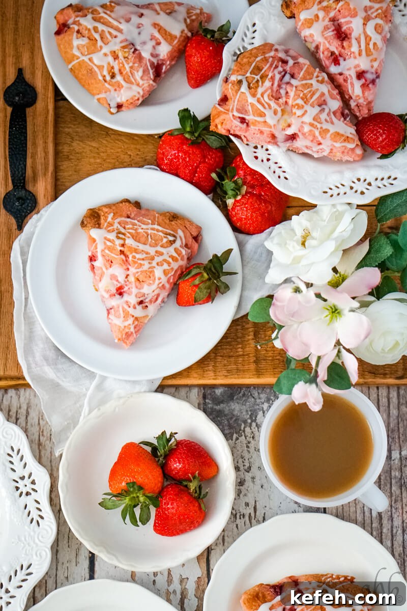 A wooden serving tray holds many small white plates bearing scones and fresh strawberries with flowers and coffee to one side. 