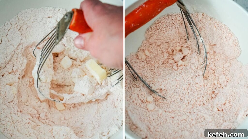 A collage image that shows cutting in the butter into the flour and cake mix. 