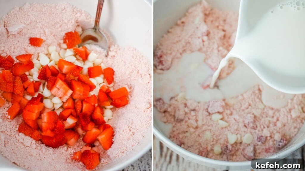 A collage image that shows the steps of adding the strawberries, white chocolate chips and milk to the strawberry cake mix scones. 
