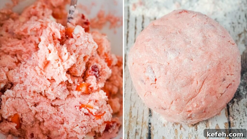 A Collage image that shows the scone dough after it's been mixed and then shaping the dough into a ball. 