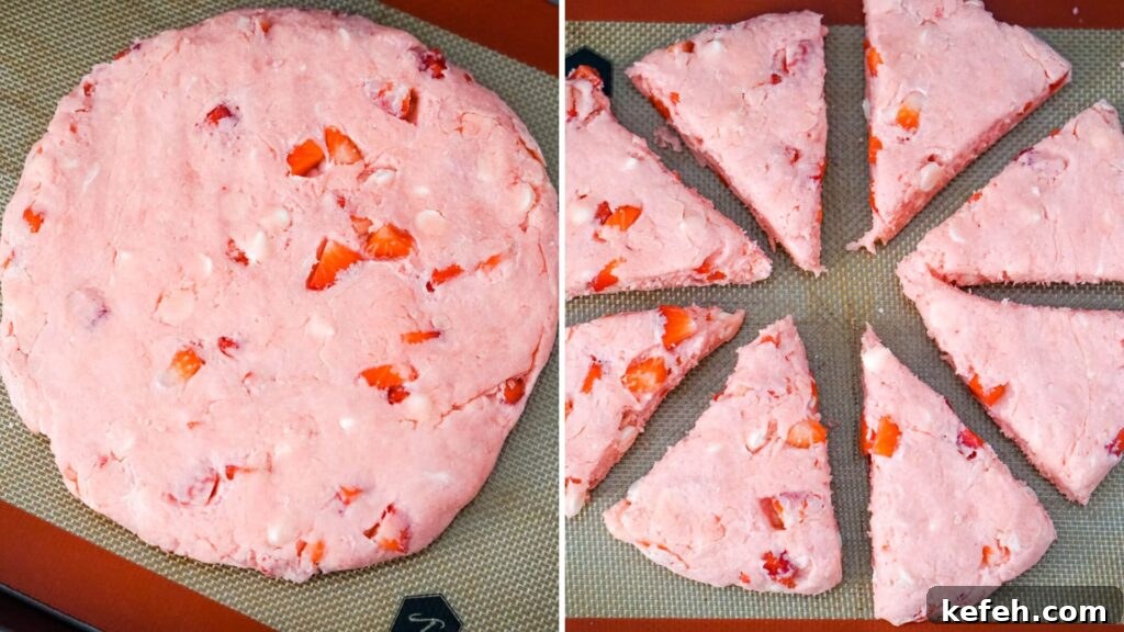 A collage image that shows how to shape and flatten the scone dough and then cut it into wedges. 