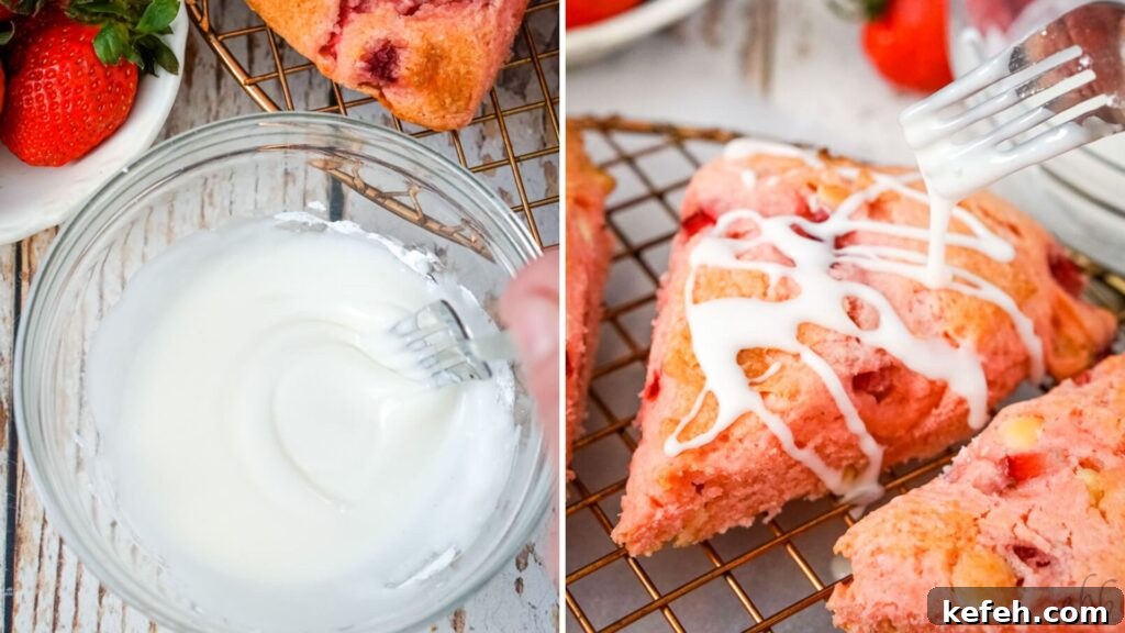 A collage image that shows mixing up the glaze and then drizzling the glaze over the baked strawberry cake mix scones. 