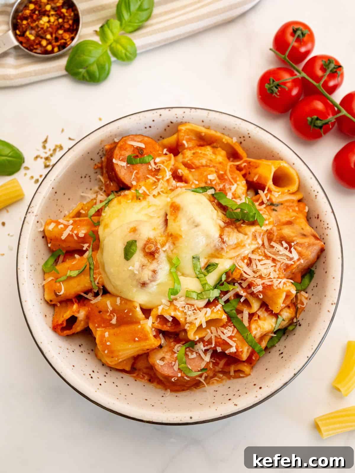 Baked Rigatoni Recipe No boil rigatoni pasta bake dished up in white bowl topped with ribbons of basil.