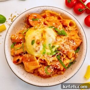 Cheesy Baked Rigatoni with Marinara and Mozzarella 3 Bowl of cheesy baked pasta with creamy red sauce and sliced sausage topped with ribbons of basil.