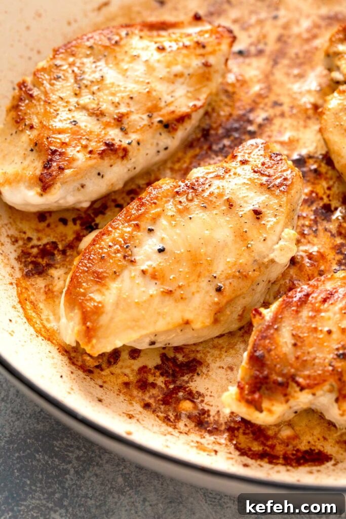 Creamy Sun-Dried Tomato Chicken Skillet Recipe 5 Golden brown seared boneless and skinless chicken breasts in a skillet.