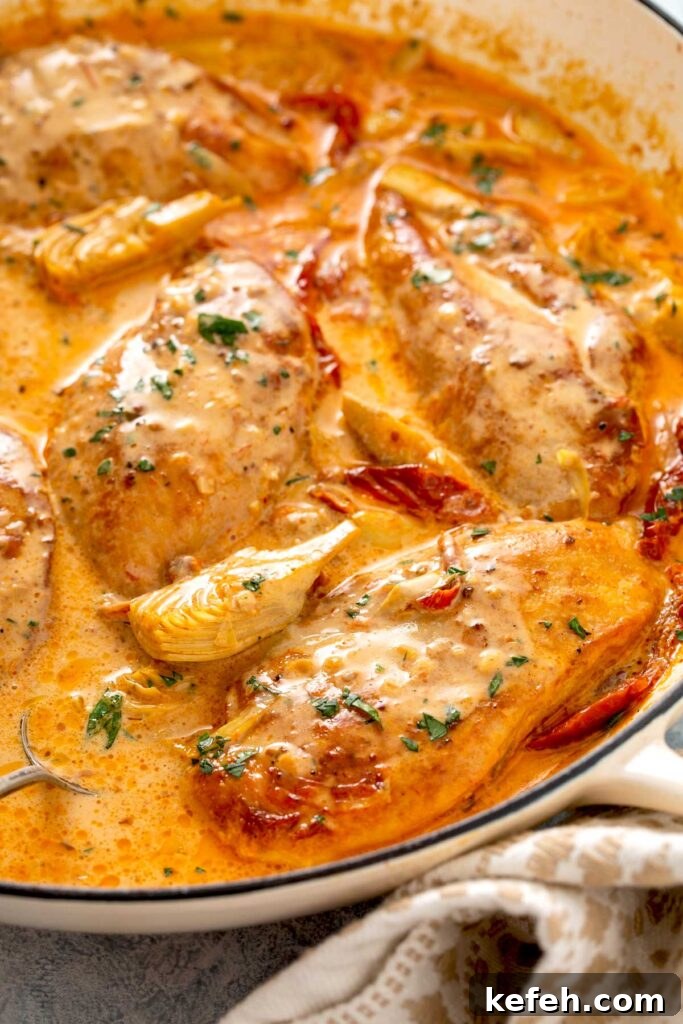 Creamy Sun-Dried Tomato Chicken Skillet Recipe 7 Chicken, sun dried tomato strips and artichokes smothered in sun dried tomato cream sauce in a skillet