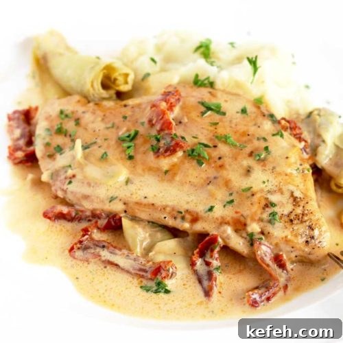 Creamy Sun-Dried Tomato Chicken Skillet Recipe 9 Creamy Chicken pan seared and served with a creamy artichoke and sun dried tomato sauce.