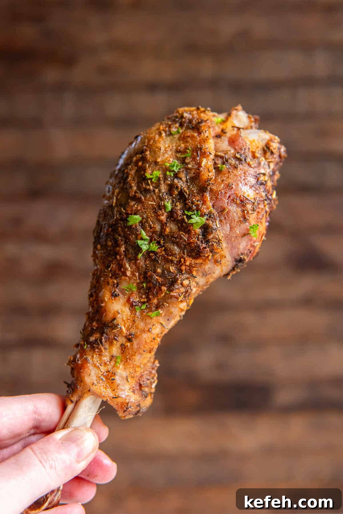 A hand holding a turkey drumstick.