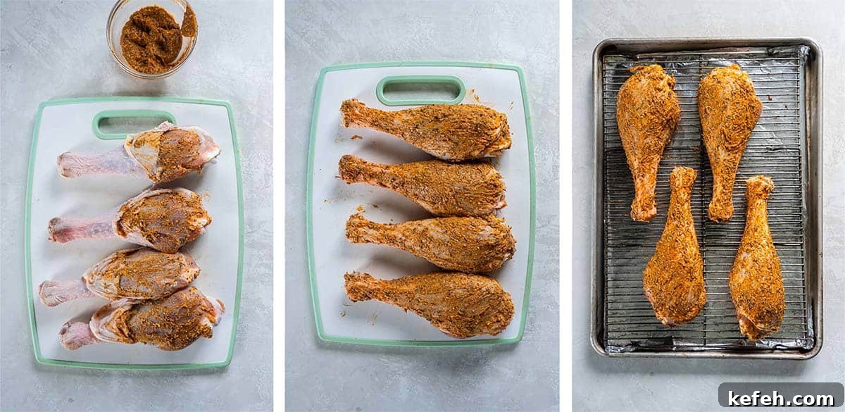 Three images of turkey drumsticks coated with seasoning and on a baking sheet.