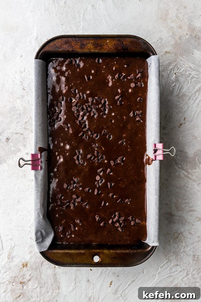 Fudgy Chocolate Banana Bread Recipe 9 chocolate banana bread batter in the loaf pan