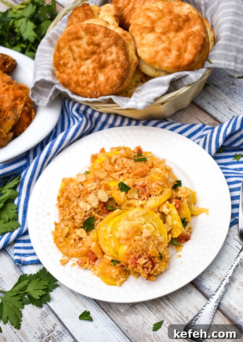Classic Southern Squash Casserole Recipe for Comforting Dinners 2 southern squash casserole on a small white plate with a basket of biscuits and platter of fried chicken on the side