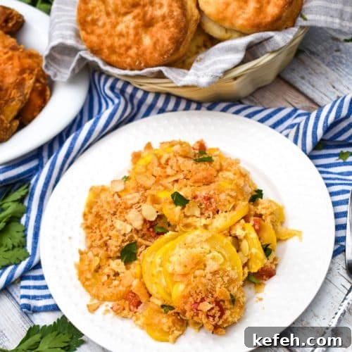 southern squash casserole on a small white plate with a basket of biscuits and platter of fried chicken on the side