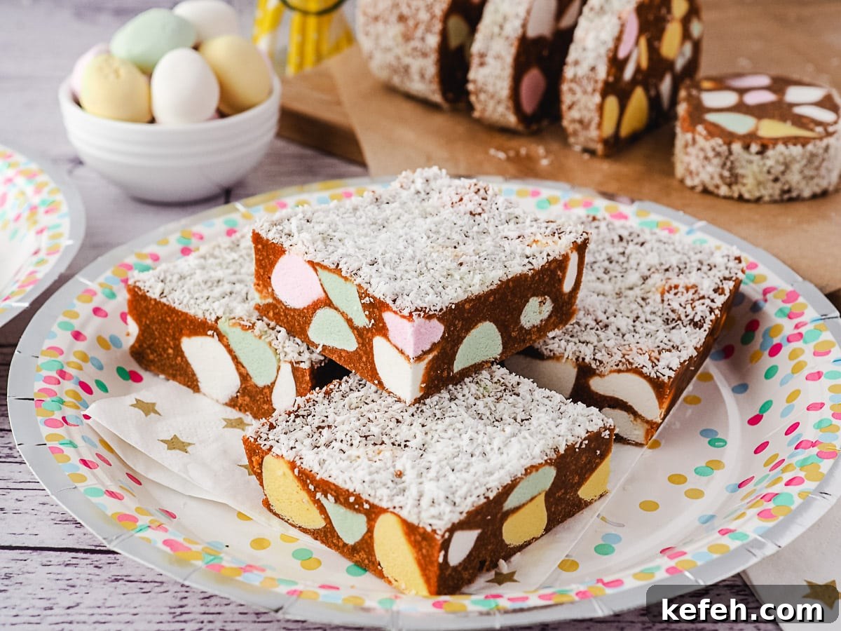 Pieces of slice piled on a plate, with lolly log and fruit puffs in background.