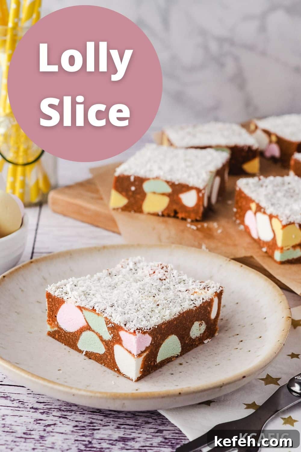 Piece of slice on a plate, with rest of pieces of slice in background and text overlay.