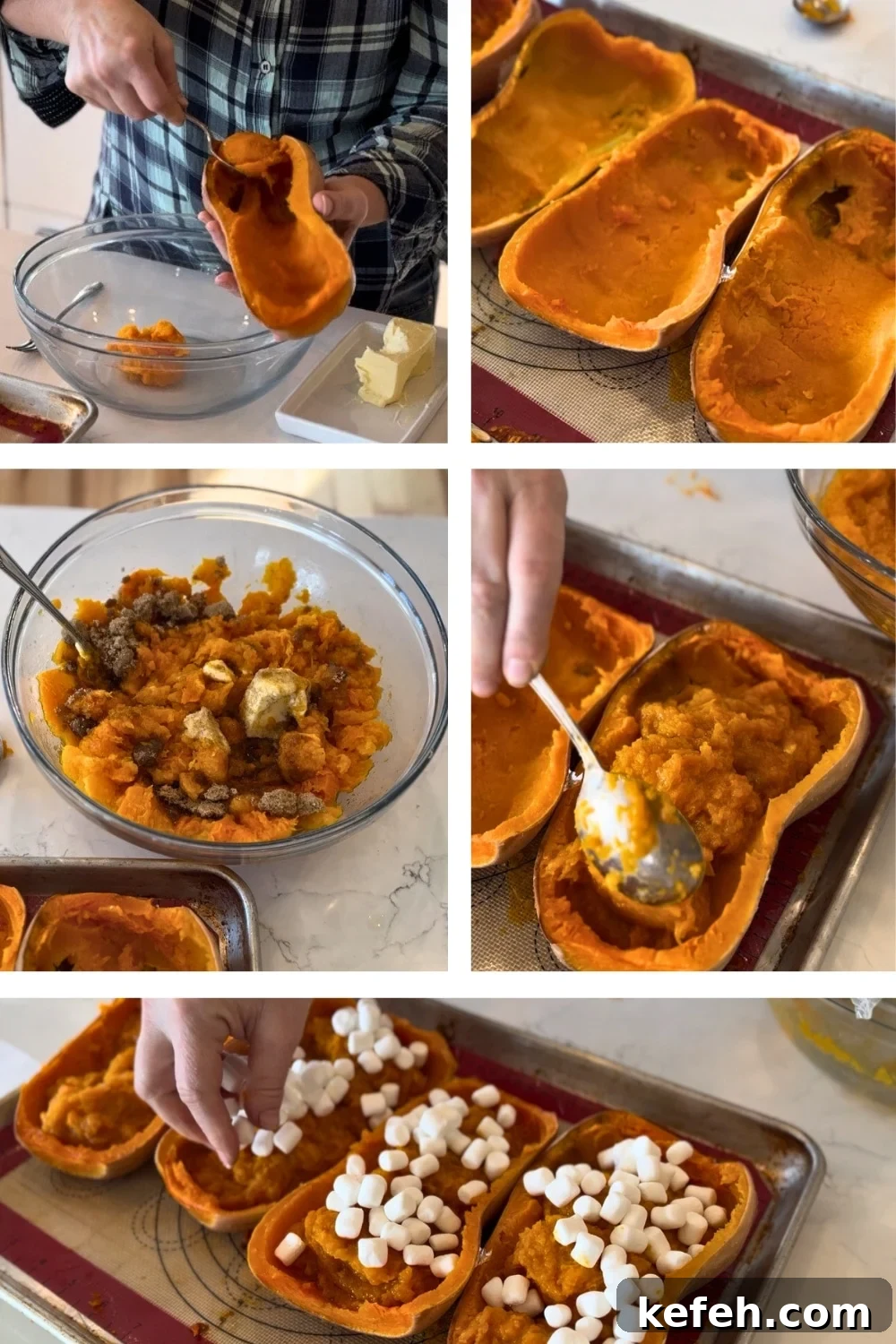 Twice-Baked Butternut Squash with Toasted Marshmallow Topping 3 how to make twice baked butternut squash steps bake scoop, mix, fill, top, toast