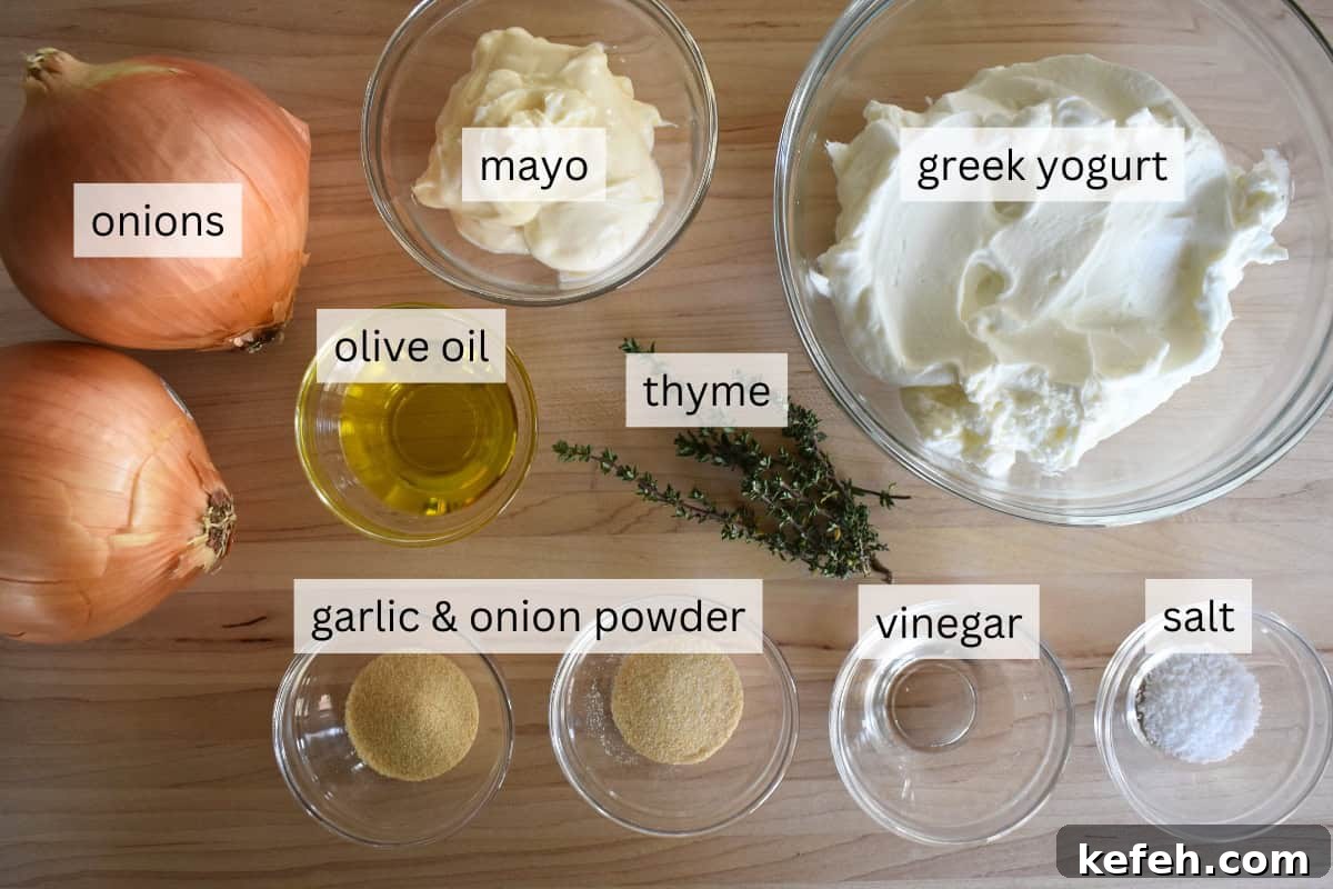 Caramelized Onion Dip Made with Greek Yogurt — Savory Party Dip 4 Ingredients for recipe on a countertop.
