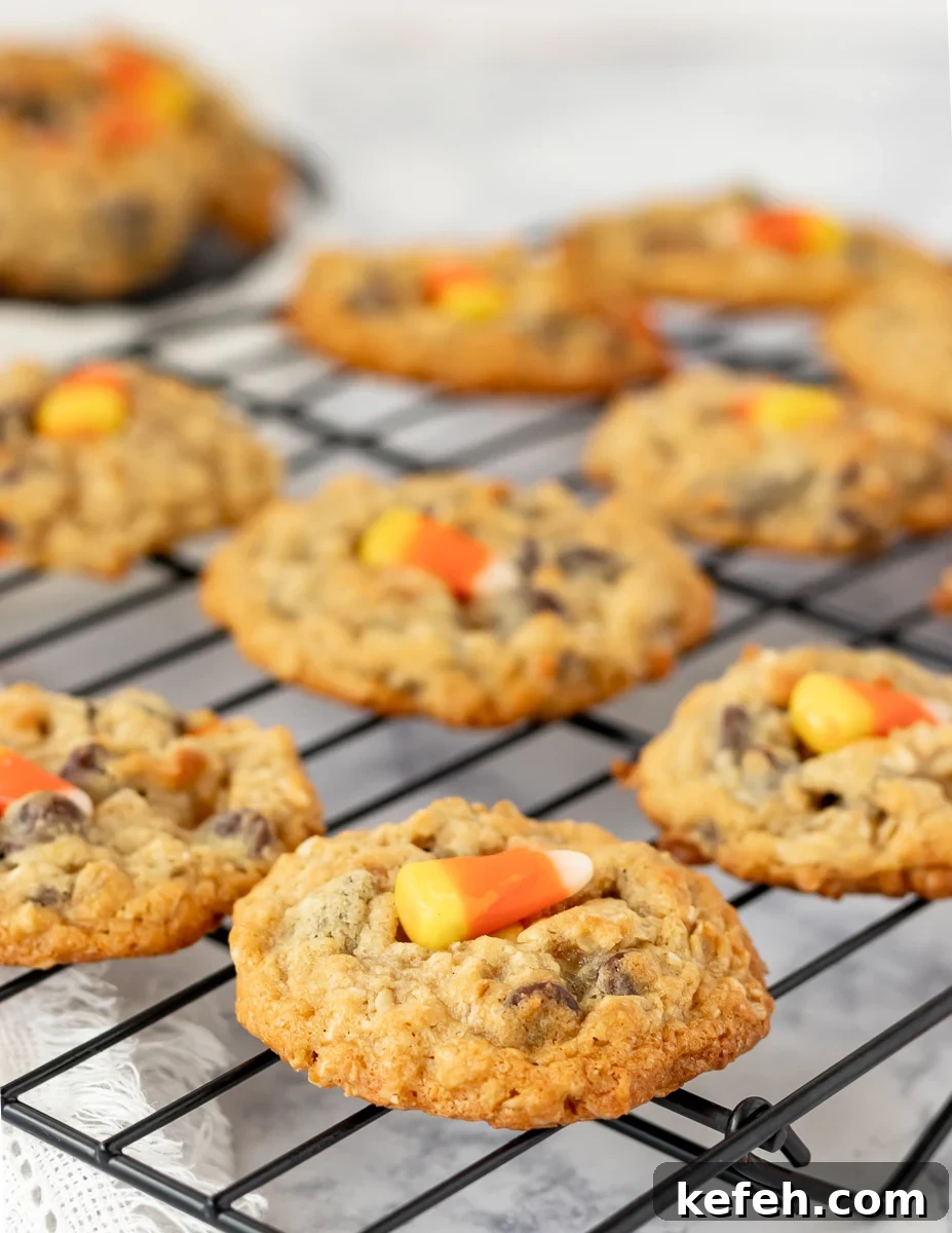 candy corn chocolate chip cookies on a cooling rack