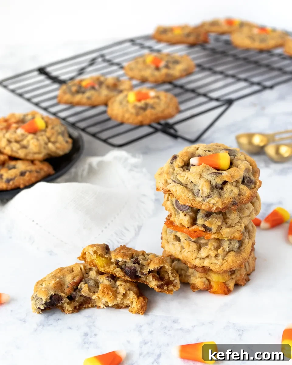 stack of oatmeal chocolate chip cookies with one broken on the side to show texture