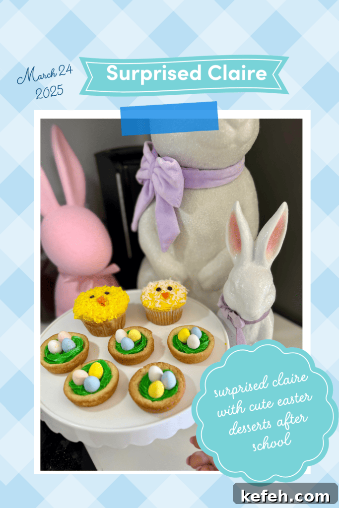 cake stand with easter chick cupcakes and easter cookie cups