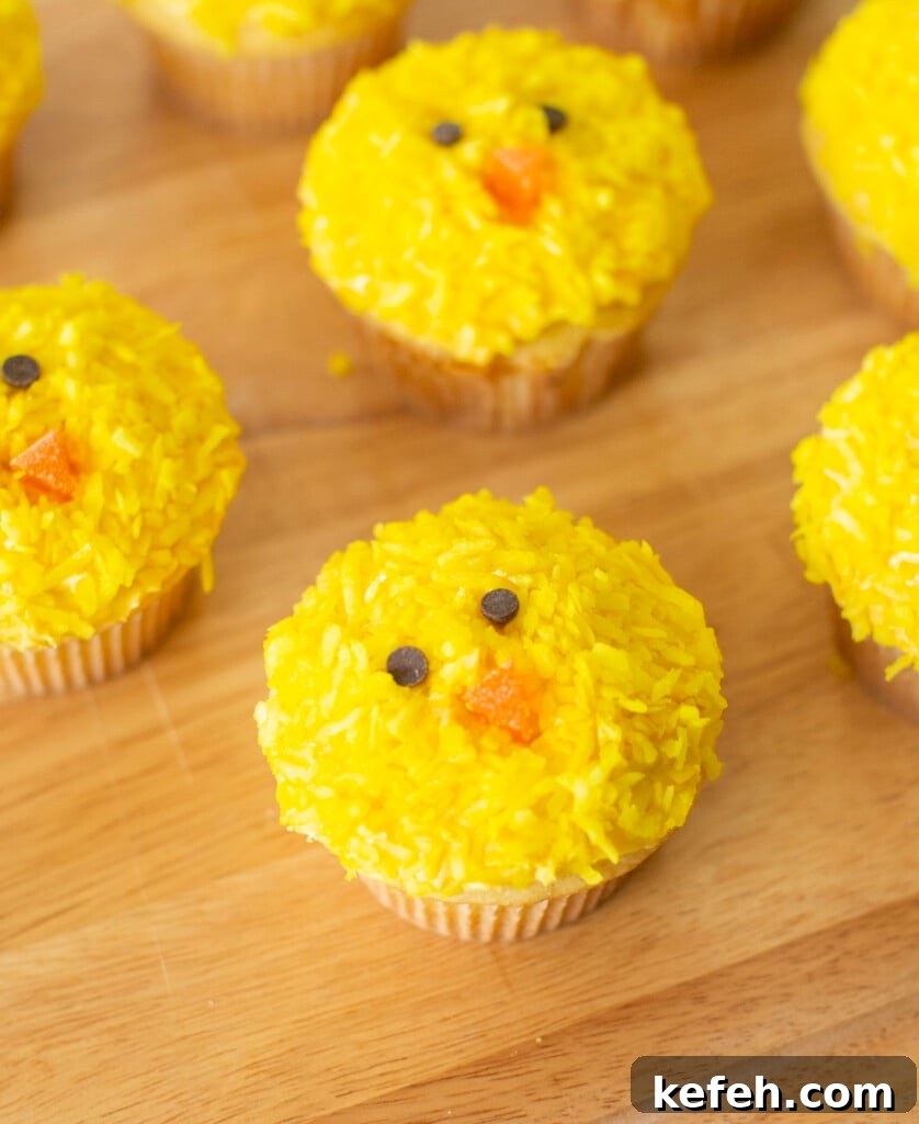 Easter chick cupcakes on a wooden cutting board.