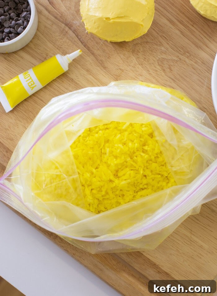 Process photo of yellow shredded coconut in a Ziploc bag.