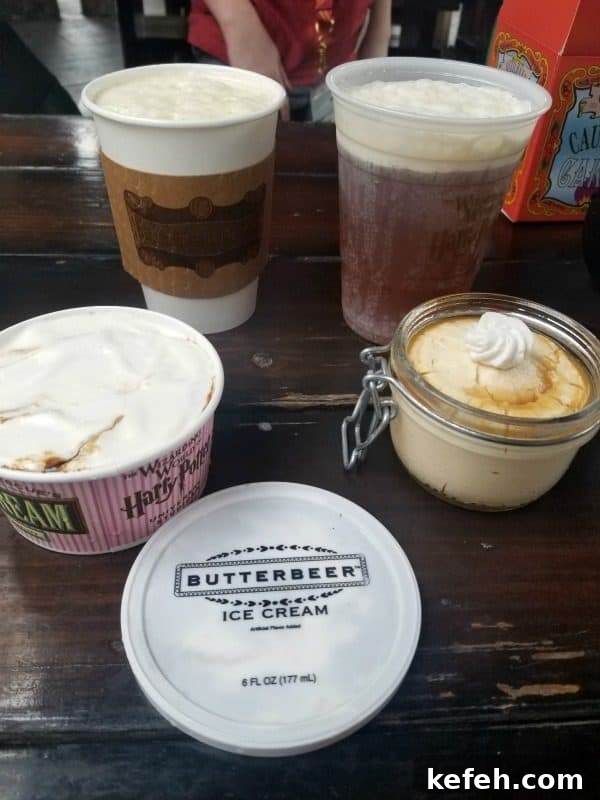 Top Tips for Visiting The Wizarding World of Harry Potter 4 Different types of Butterbeer on a picnic table