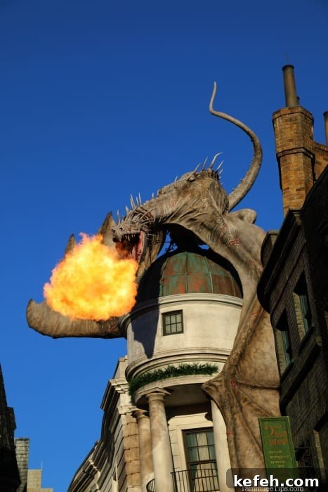 Top Tips for Visiting The Wizarding World of Harry Potter 5 Dragon breathing fire over Diagon Alley