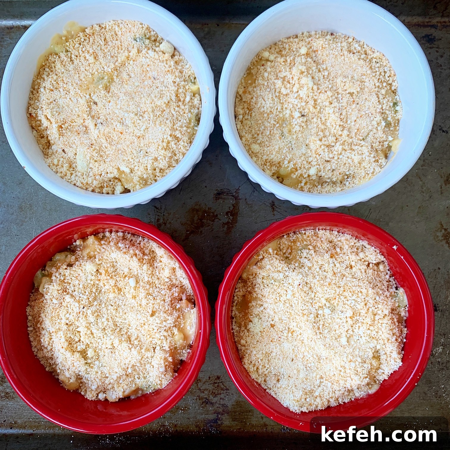 shrimp au gratin in ramekins with low-carb keto crust on top 