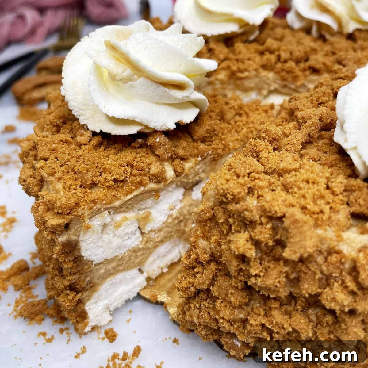 Irresistible Lotus Biscoff Cake Recipe for Creamy Layered Dessert 2 Sliced Lotus Biscoff cake on a cake board