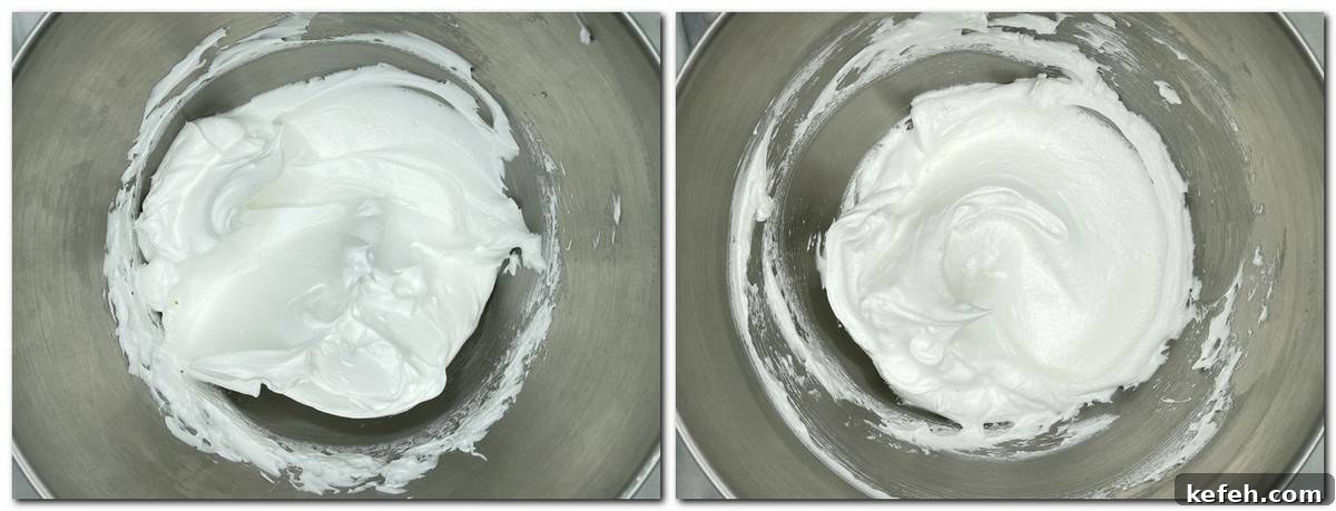 Irresistible Lotus Biscoff Cake Recipe for Creamy Layered Dessert 4 Photo 1: Beaten egg whites in a bowl Photo 2: Ready meringue in a bowl