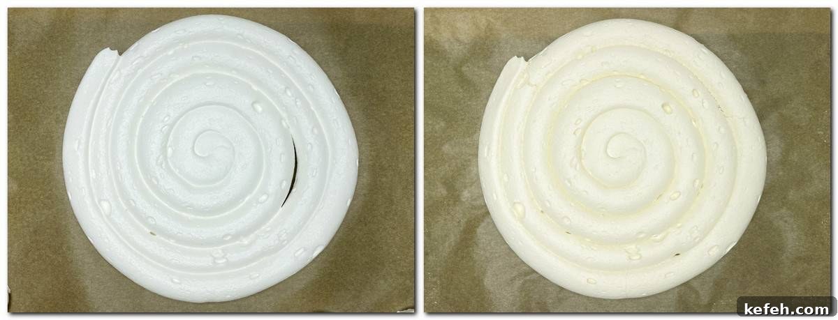 Irresistible Lotus Biscoff Cake Recipe for Creamy Layered Dessert 5 Photo 3: Meringue spiral on parchment Photo 4: Baked meringue disk on parchment
