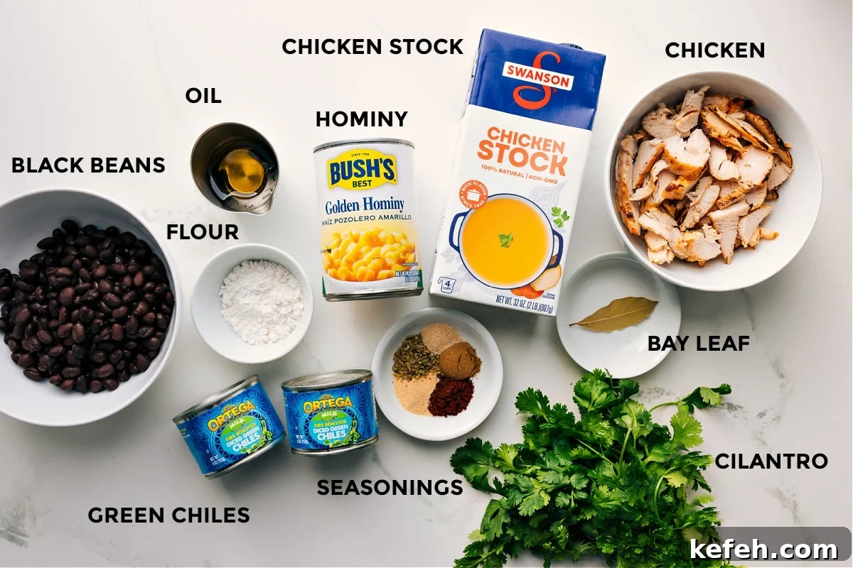 Ingredients In Chicken Pozole Prepped ingredients for this recipe laid out for easy assembly, including black beans, flour, green chiles, seasonings, oil, hominy, stock, bay leaf, chicken, and cilantro.