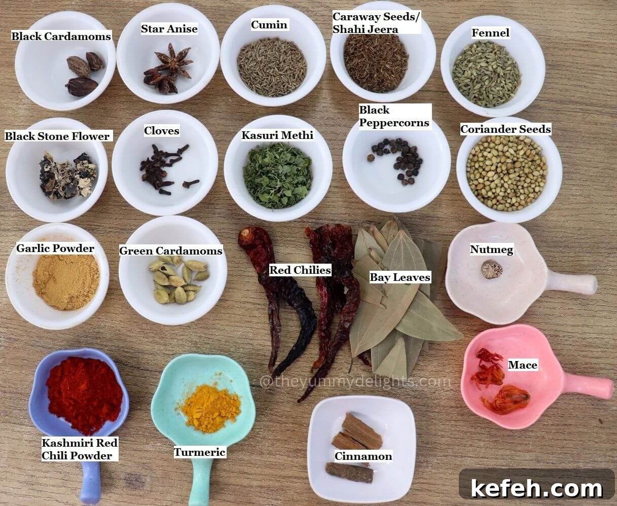Authentic Homemade Biryani Masala Powder Recipe 3 individually labeled ingredients to make biryani masala are laid out on a table.