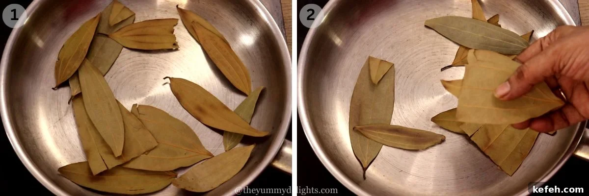 Authentic Homemade Biryani Masala Powder Recipe 4 Roasting bay leaves to make biryani masala.