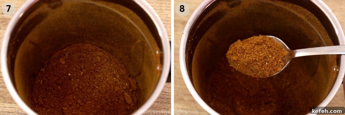 Authentic Homemade Biryani Masala Powder Recipe 7 ground biryani masala powder in a mixer jar.