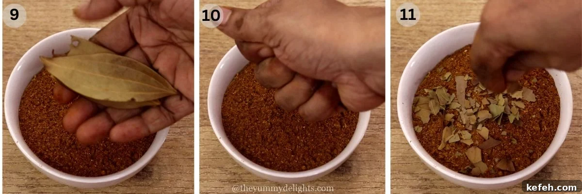 Authentic Homemade Biryani Masala Powder Recipe 8 crushing bay leaves to make biryani masala.