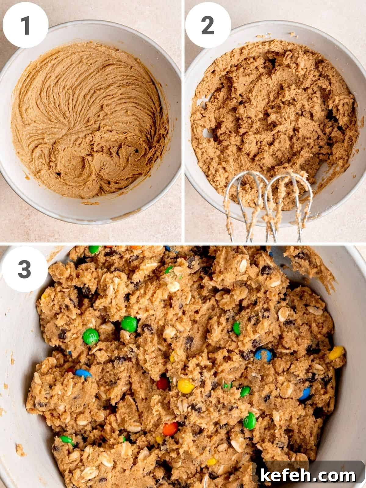 Edible Monster Cookie Dough Recipe for Safe No-Bake Treats 4 3-photo collage showing how to make edible monster cookie dough.