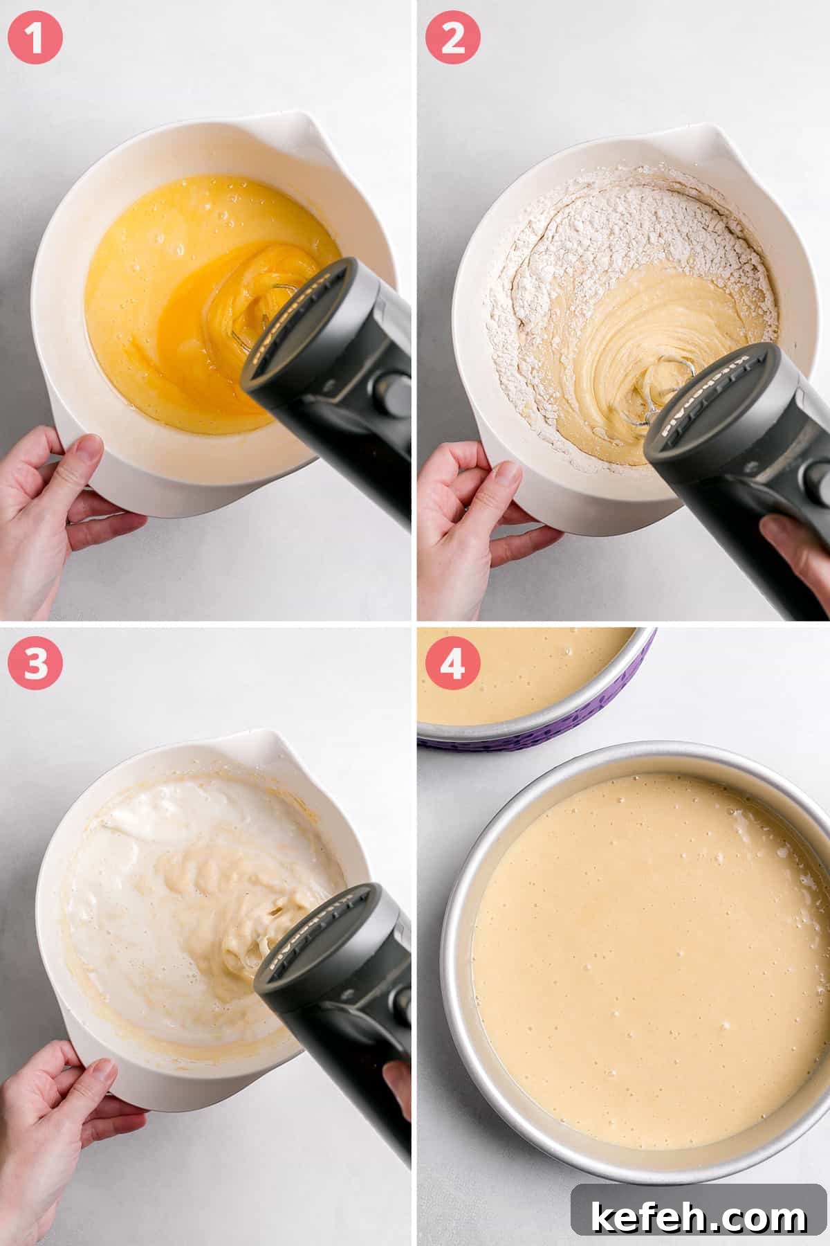 Image collage showing four stages of mixing cake batter.