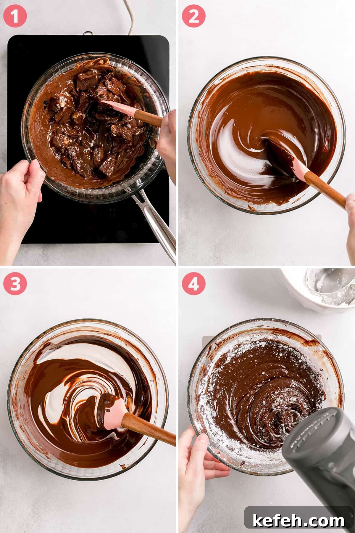 Image collage showing chocolate melting in double boiler and mixing steps.