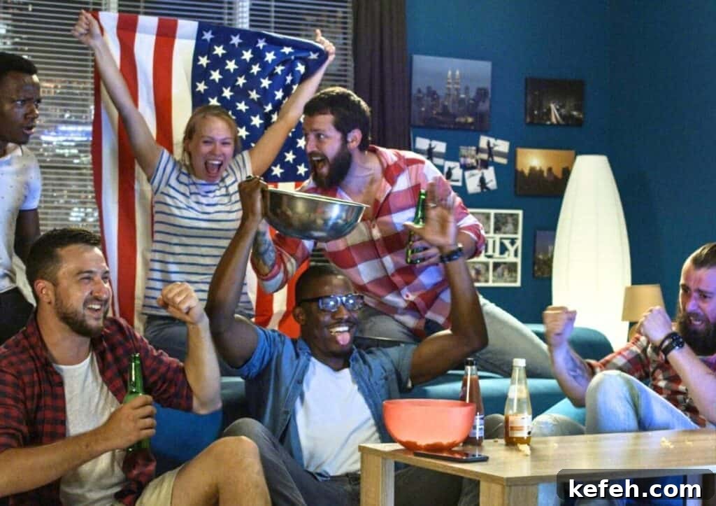 Election Night Party Ideas That’ll Win Over Your Guests 2 A group of people celebrate enthusiastically with drinks and snacks in a room decorated with an American flag and photos.