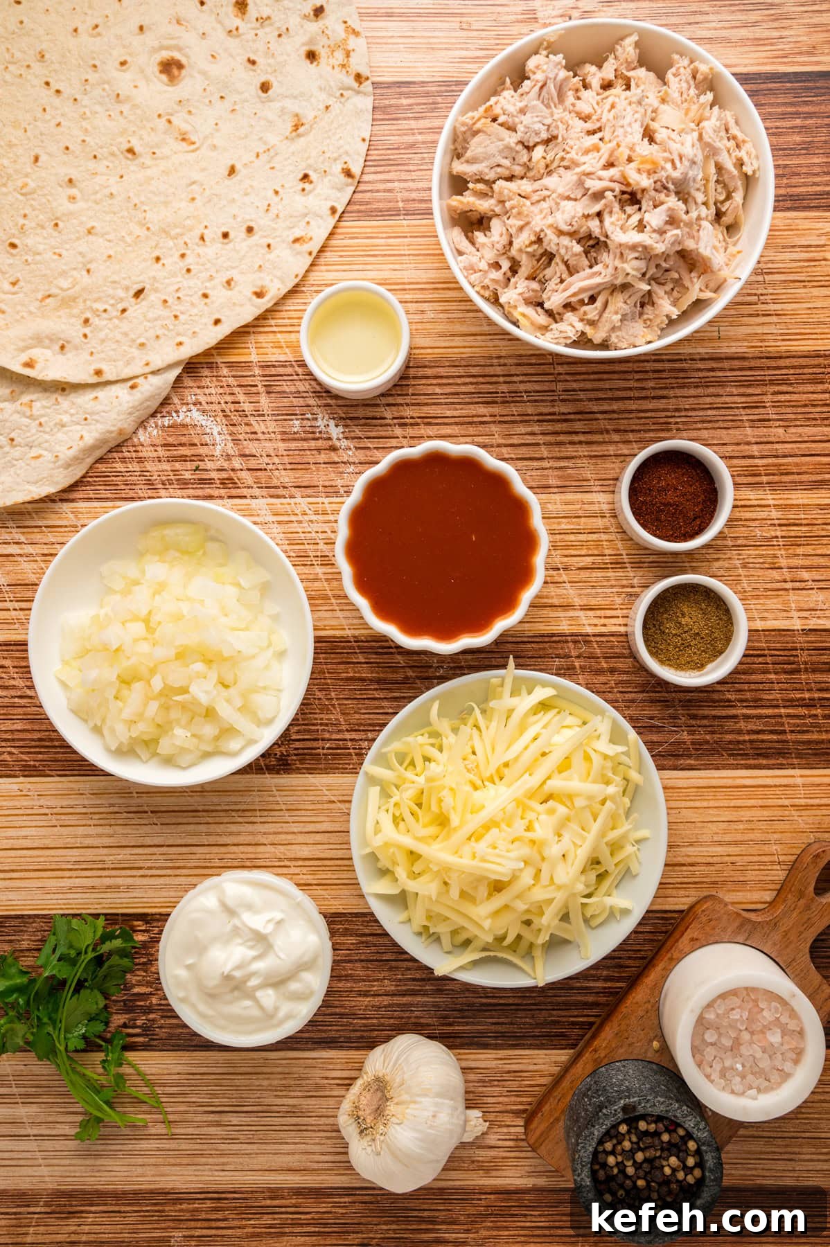 Overhead view of ingredients to make chicken enchiladas