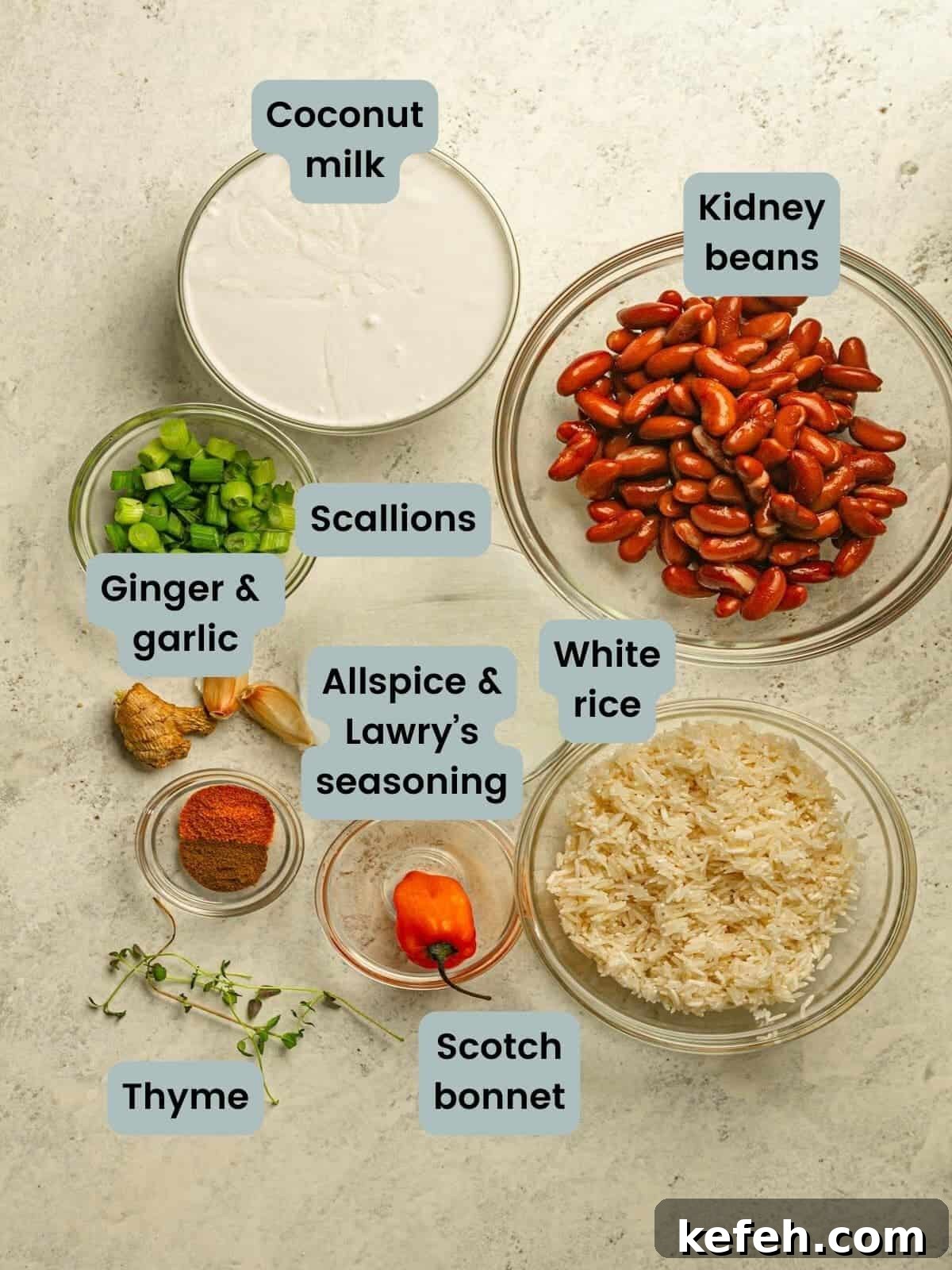 Instant Pot Jamaican Rice and Peas Recipe: Quick Authentic Flavor 3 Ingredients for rice and peas labeled and measured out.