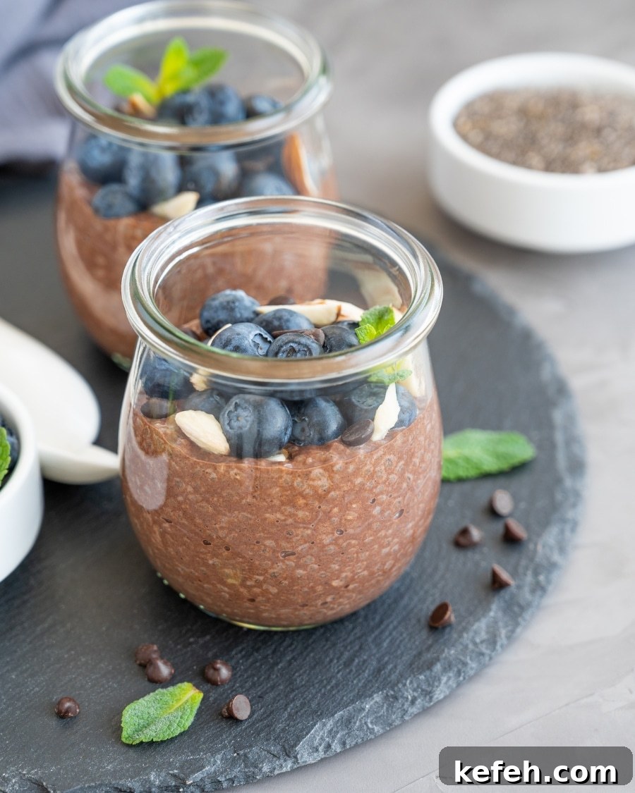 Anti-Inflammatory Chocolate chia seed pudding topped with blueberries