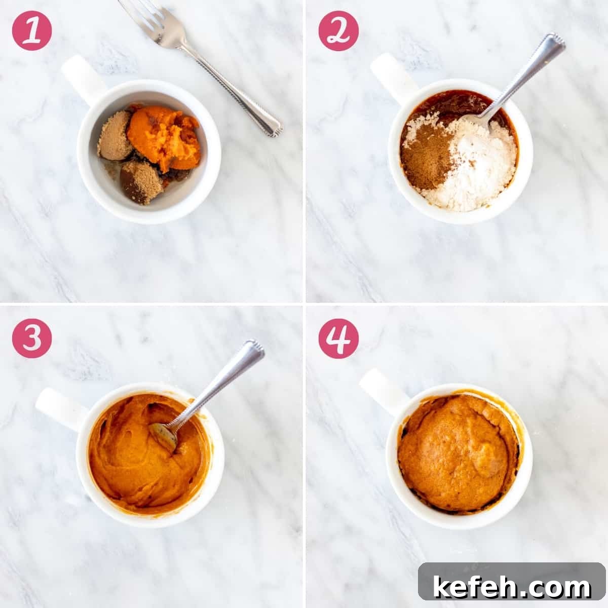 Collage of how to make a pumpkin mug cake