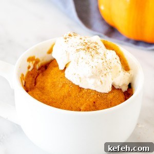 Pumpkin mug cake in a white teacup with whipped cream on top