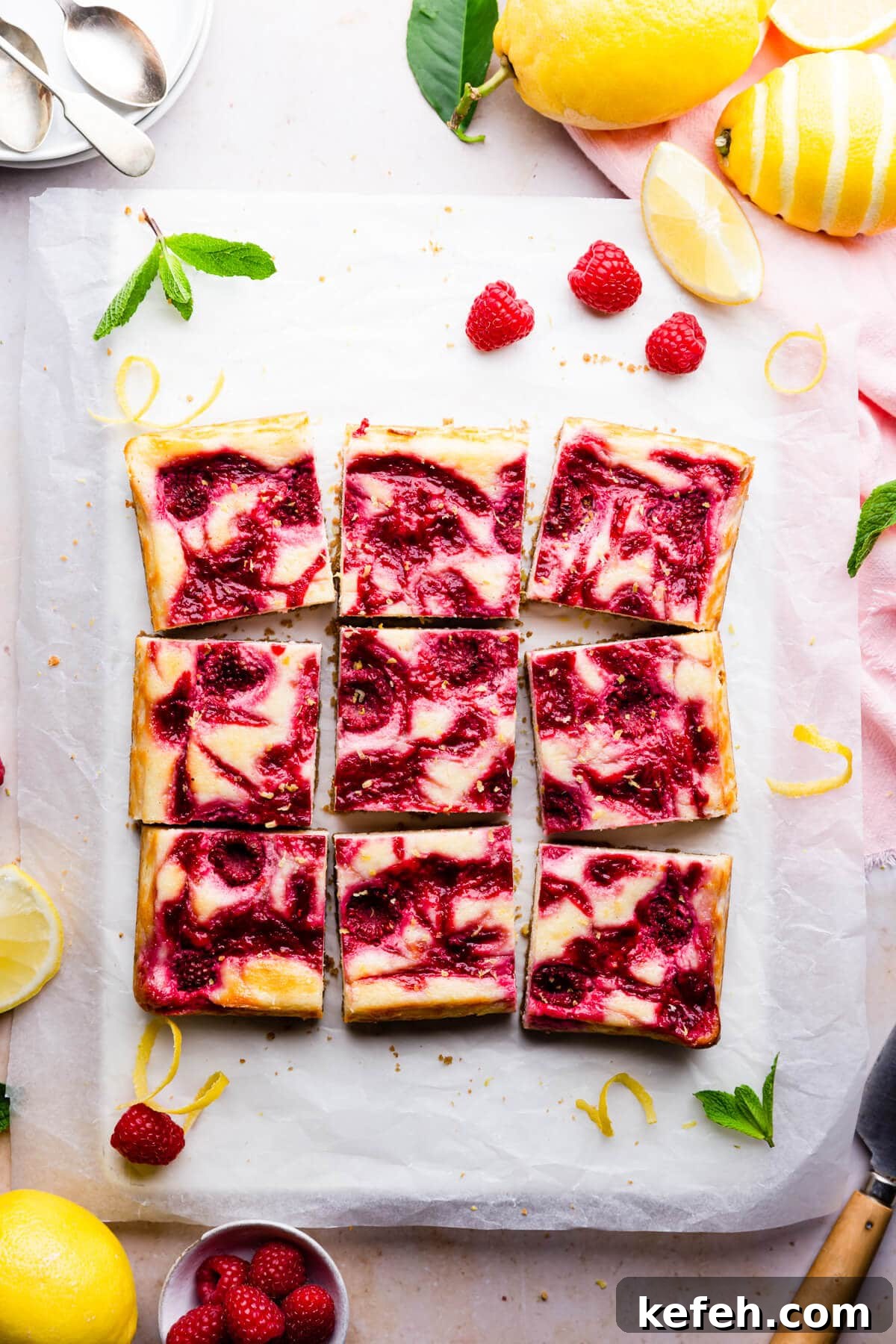 overhead shot of raspberry lemon cheesecake bars